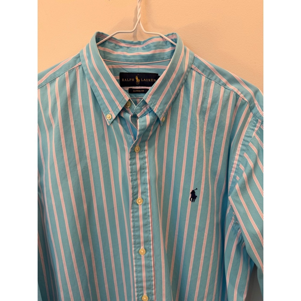 Ralph Lauren Classic Fit Mens Shirt L Blue Pink White Striped Cotton Button Up
